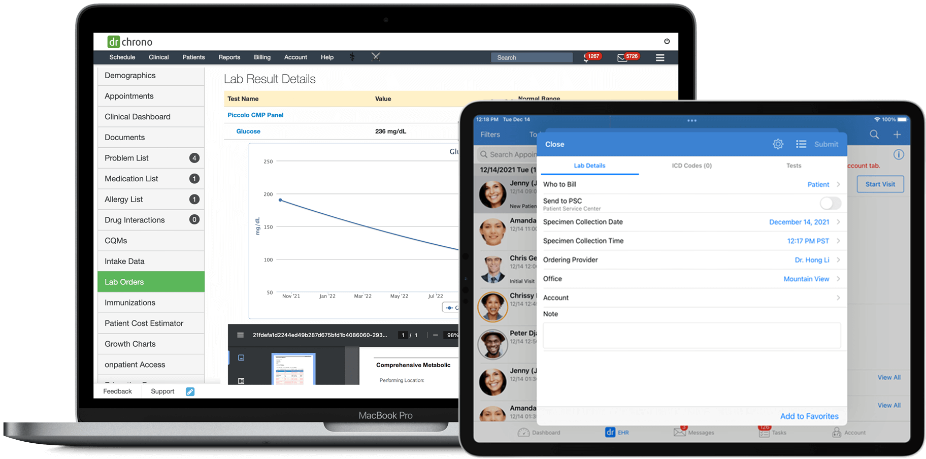 DrChrono lab orders and medical billing shown on iPad and Macbook