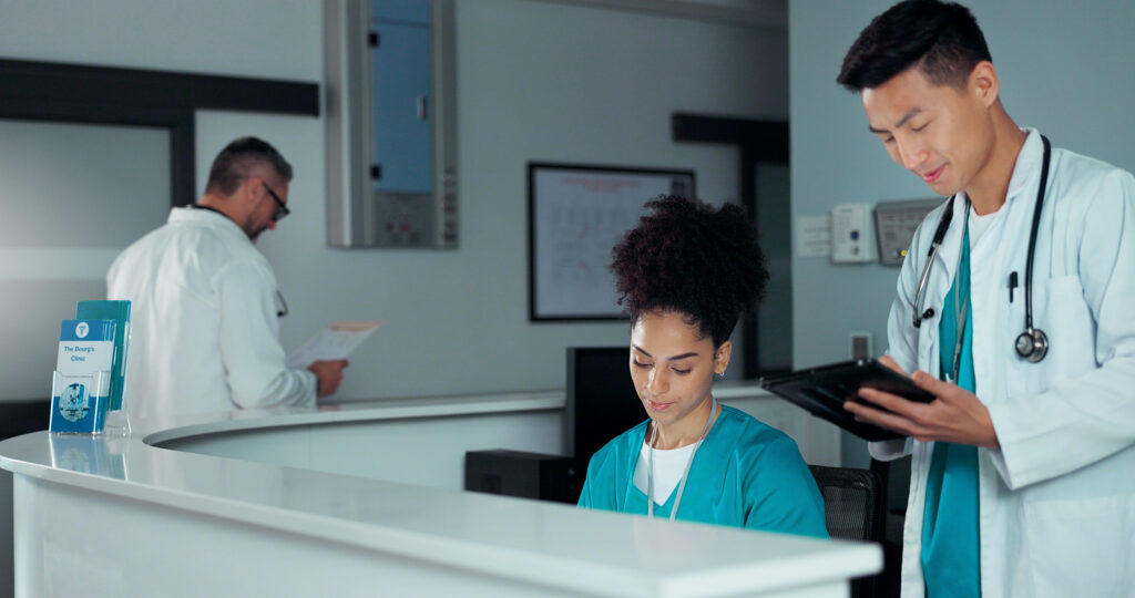 Reception people, tablet and doctor signature for administration invoice, hospital report or medicine study. Folder, secretary and medical team, nurses or surgeon sign online management approval.